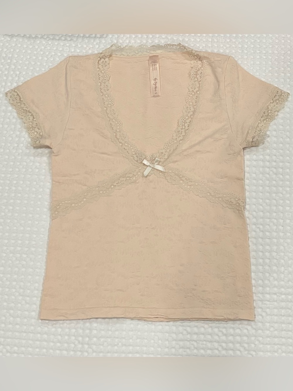By Together Blush Lace Trim Short Sleeve Crop Top